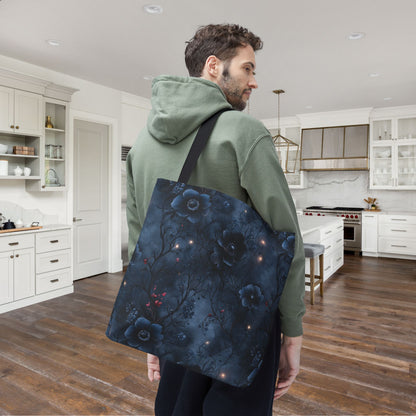 Black Roses & Vines Forget-Me-Nots Canvas Tote Bag