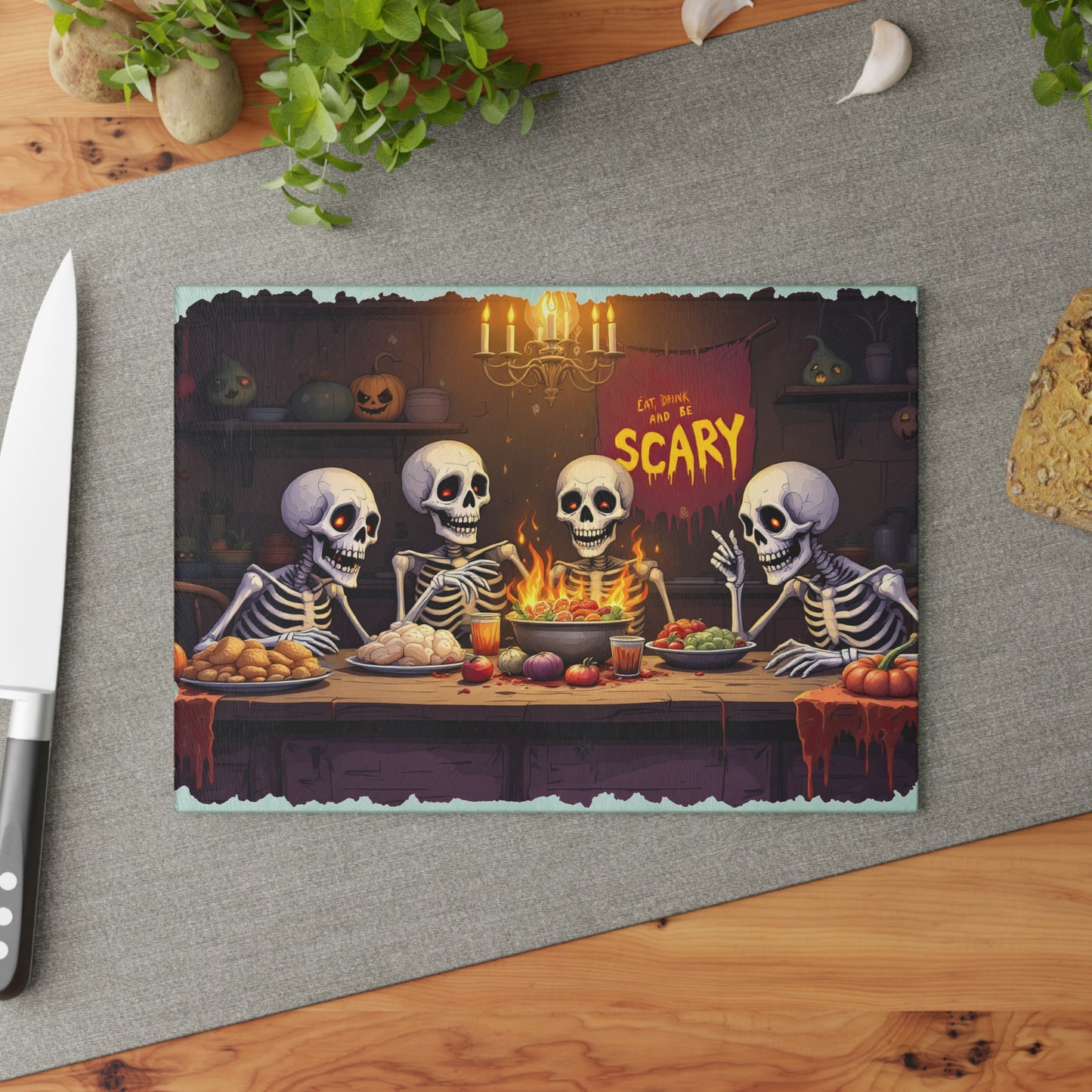 Eat, Drink, & Be Scary Glass Cutting Board