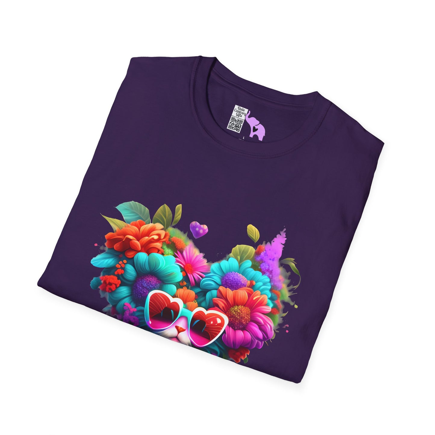 Colorful Flowers/Heart Kitten Adult T-shirt