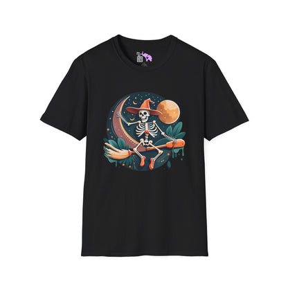 Skeleton Over Moon On Broomstick Adult T-shirt