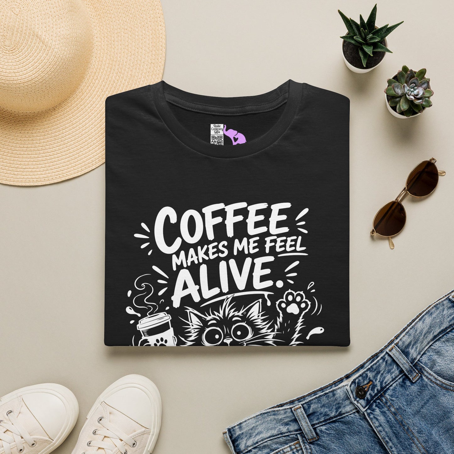 ""Coffee Makes Me Feel Alive and Slightly Unhinged (Cat) Adult T-shirt