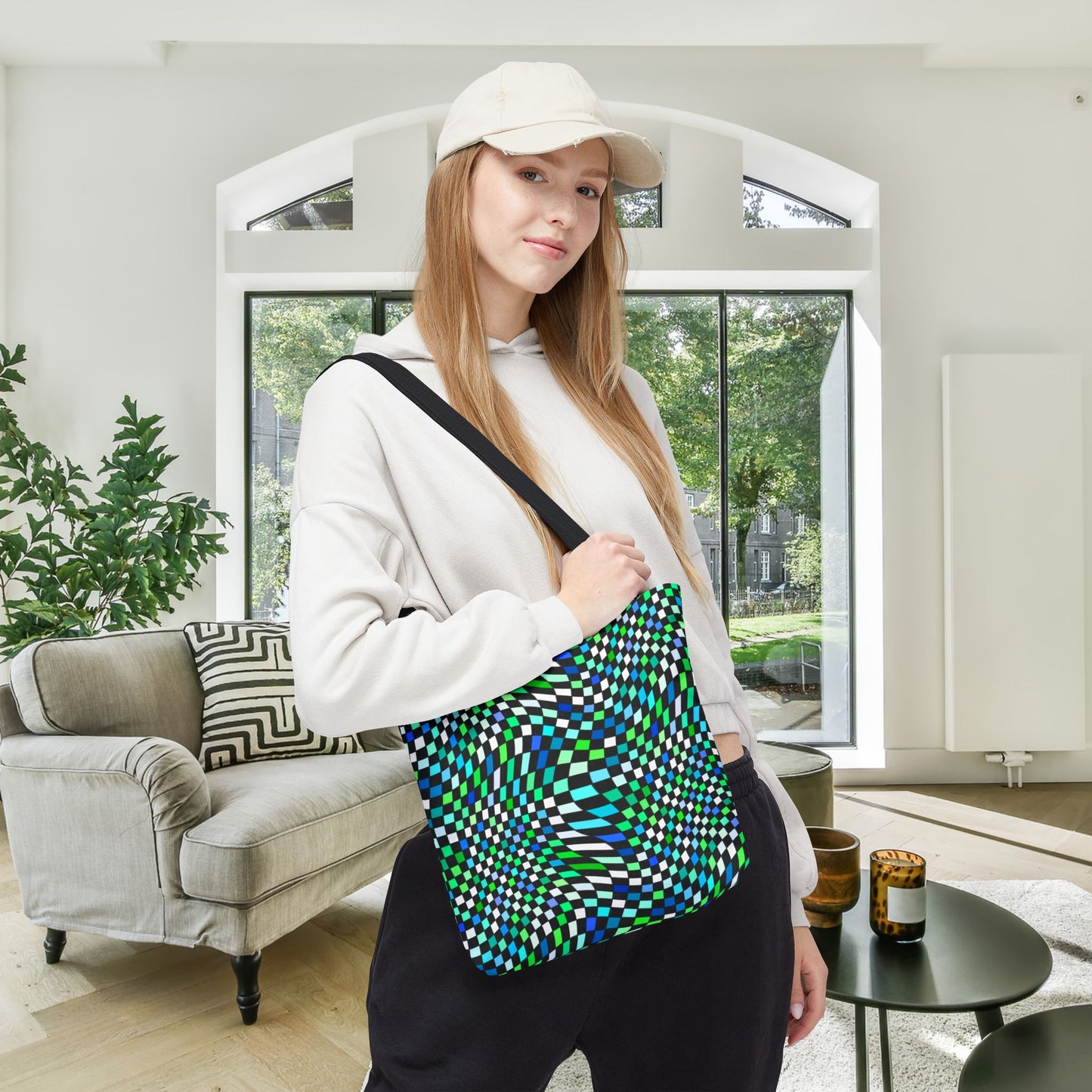 Warped Green Checkered Canvas Tote Bag