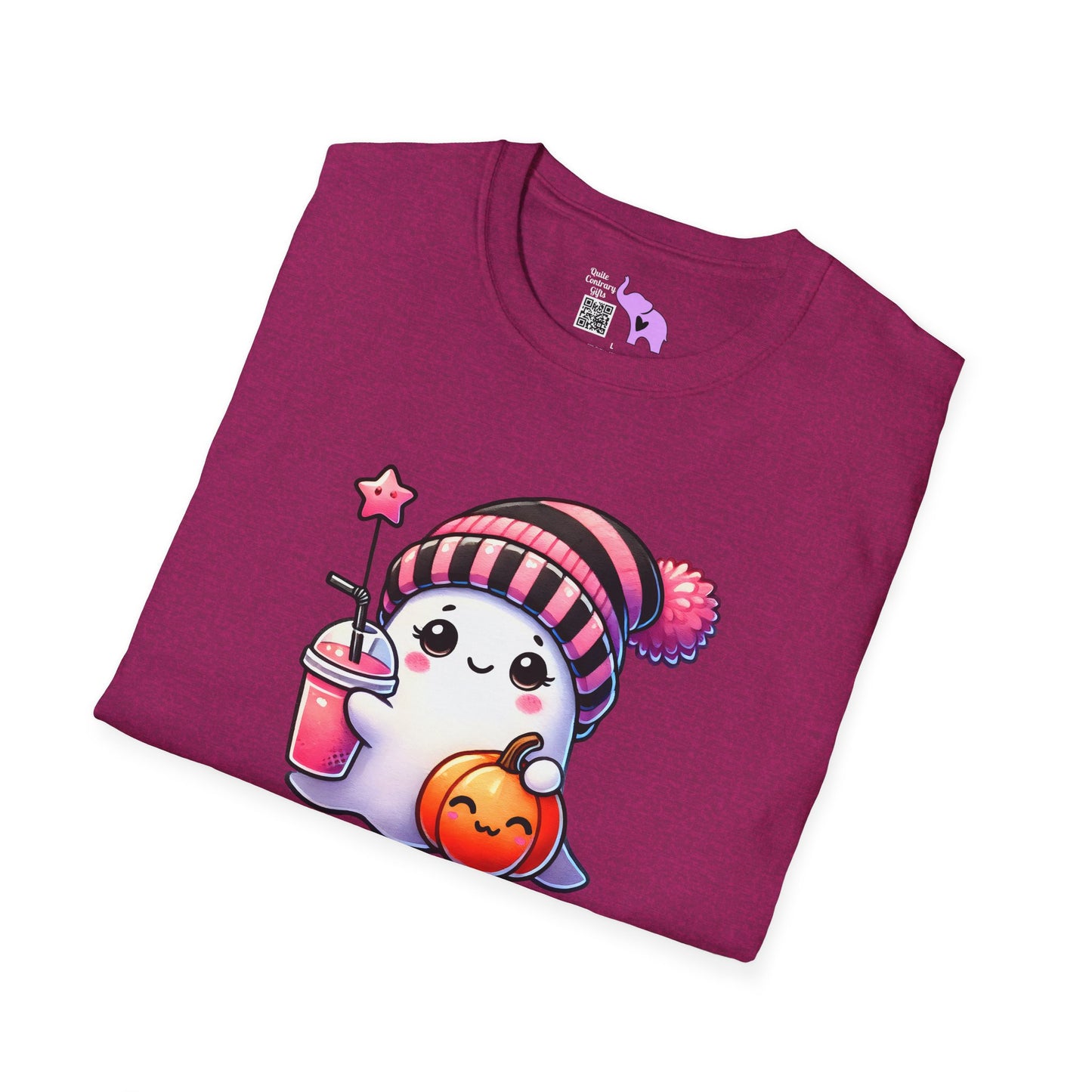 Cute Ghost w/Pumpkin and Pink Drink Adult T-shirt