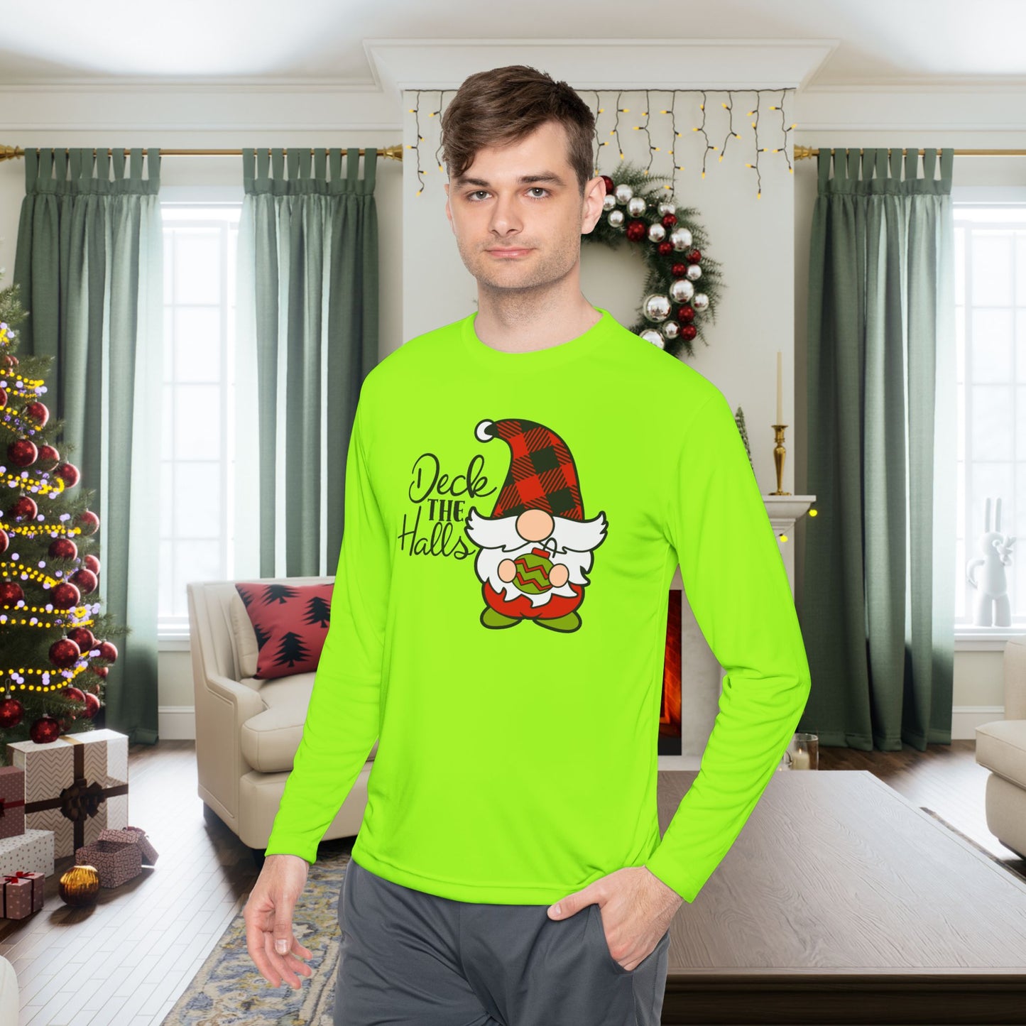 Deck the Halls Plaid Gnome Adult Long Sleeve Tee