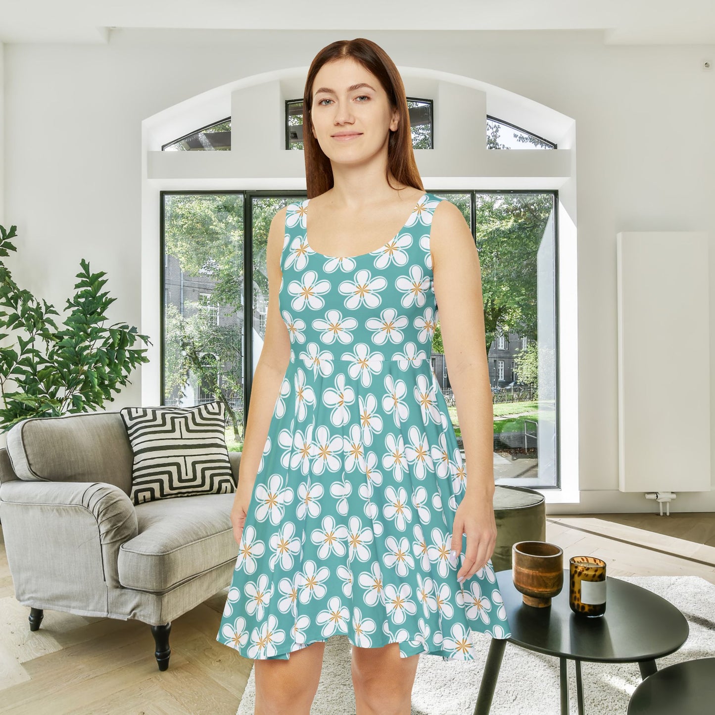 Teal Hibiscus Women's Skater Dress - Fun Spring Floral Dress for Every Occasion