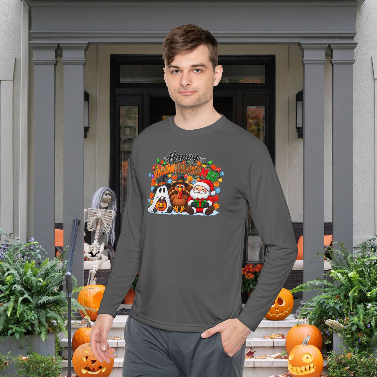 Happy Hallowthanksmas (String Lights) Adult Long Sleeve Tee
