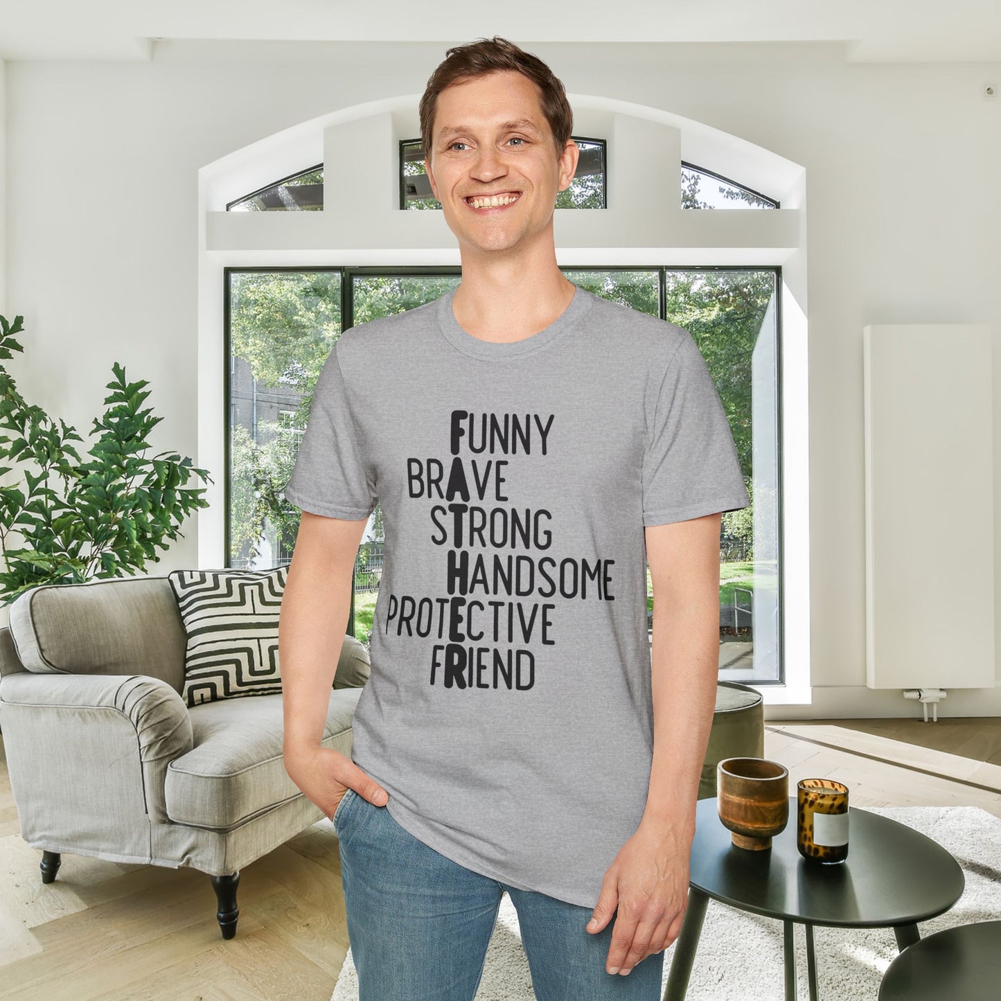 Father-Funny, Brave, Strong, Handsome, Protective, Friend Adult T-shirt