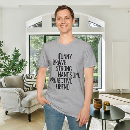 Father-Funny, Brave, Strong, Handsome, Protective, Friend Adult T-shirt