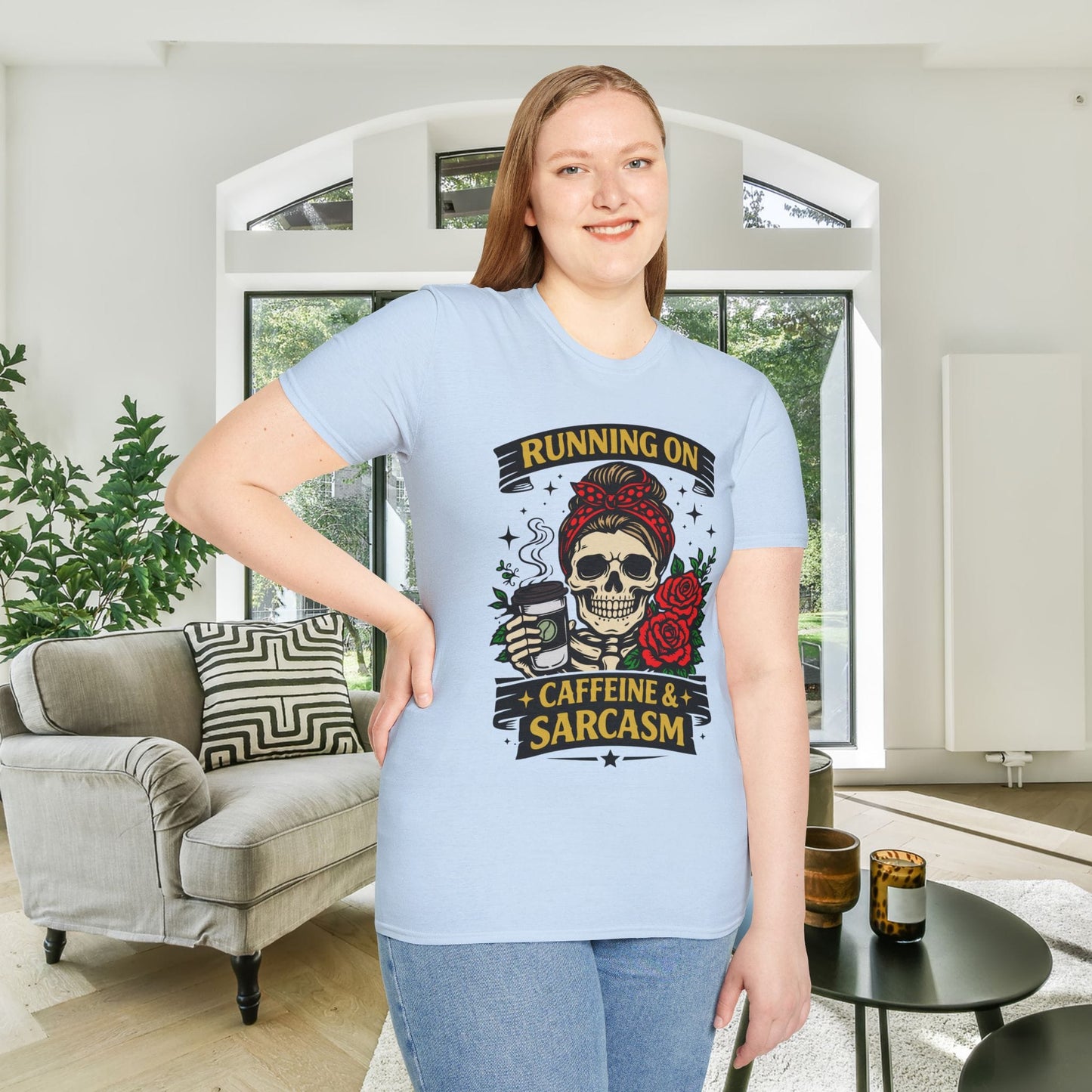 Running on Caffeine and Sarcasm (Roses) Adult T-shirt