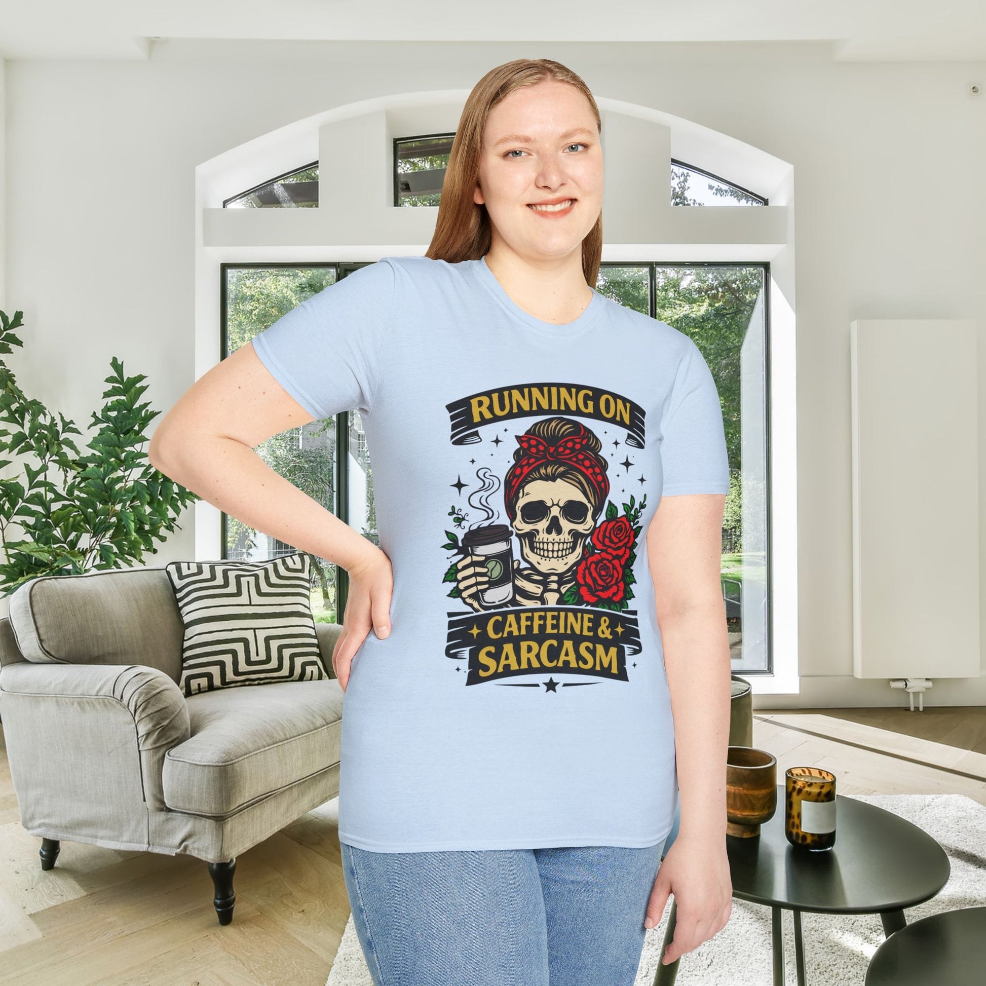 Running on Caffeine and Sarcasm (Roses) Adult T-shirt