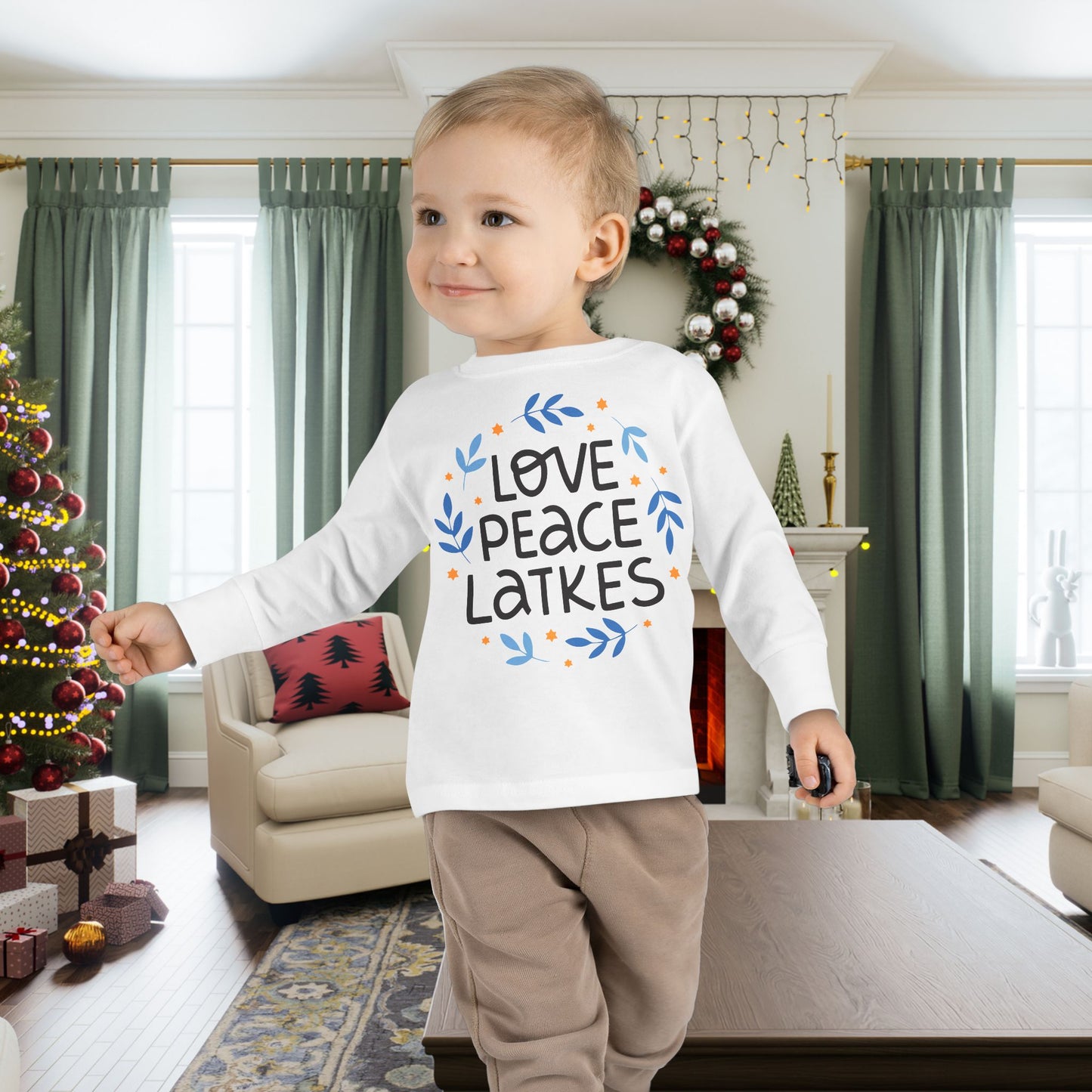 Hanukkah Love Peace Latkes Toddler Long Sleeve Tee