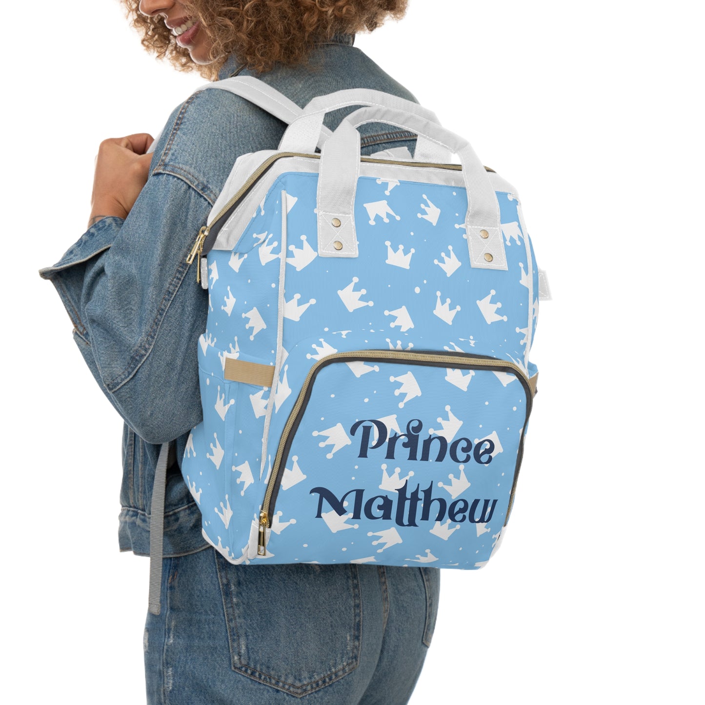 Personalized Prince Diaper Backpack – Baby Blue Crown Baby Bag (Custom Name/Text)