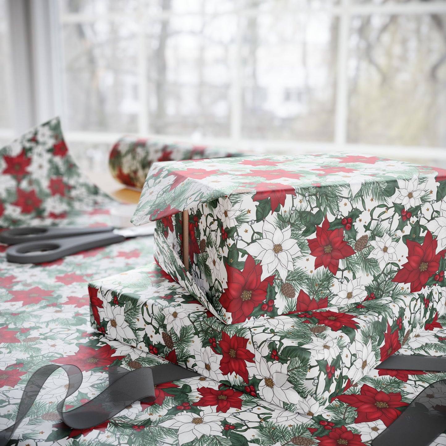 Winter Poinsettia Garden Wrapping Paper
