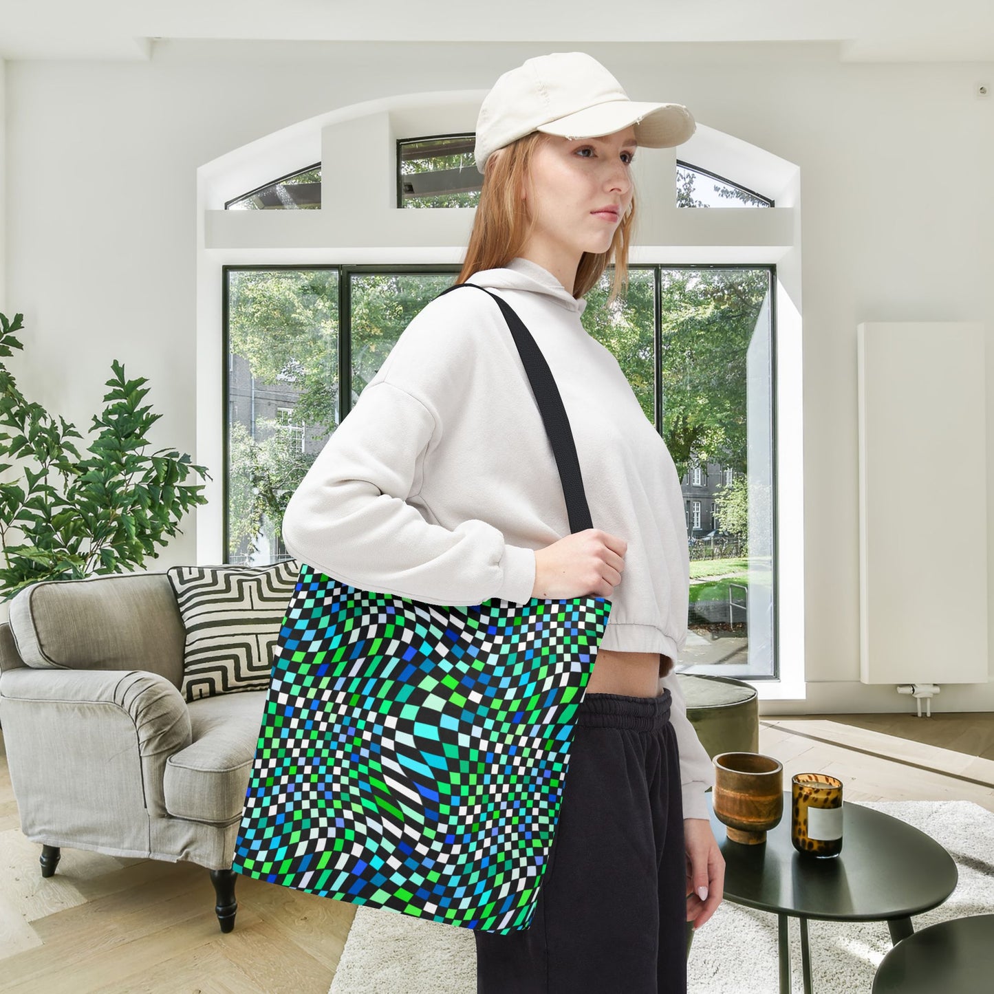 Warped Green Checkered Canvas Tote Bag