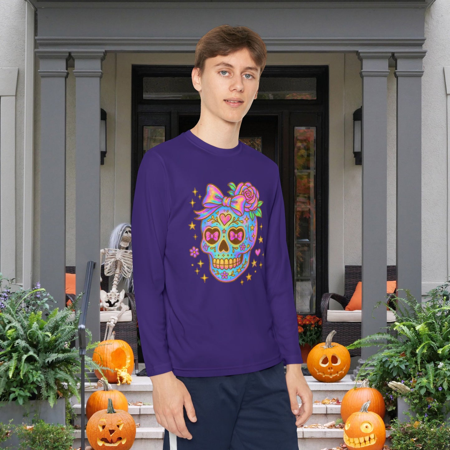 Neon Sugar Skull Youth Long Sleeve Tee