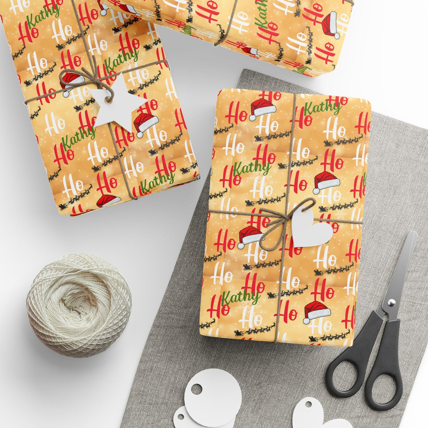 Gold Ho Ho Ho Custom Name Wrapping Paper (Kathy)