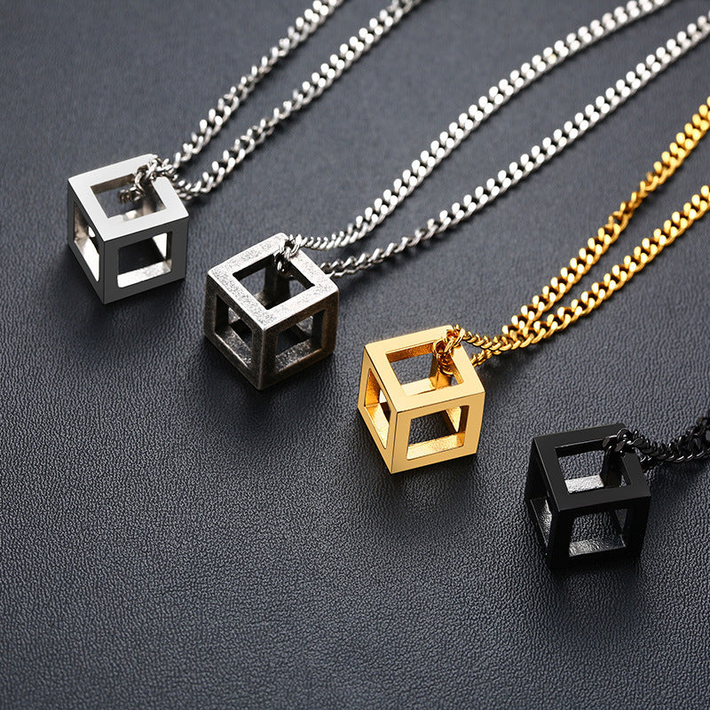 Hollowed Titanium Cube Necklace Gold/Silver/Black/Grey