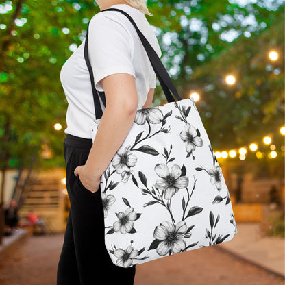 Black & White Five Petal Floral Canvas Tote Bag