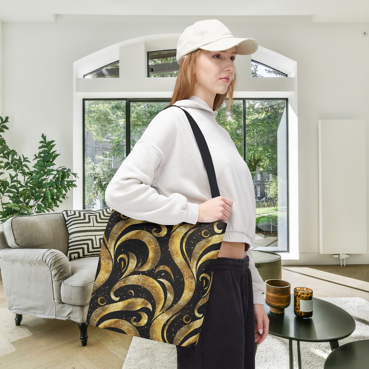 Black & Gold Luxe Swirl Canvas Tote Bag