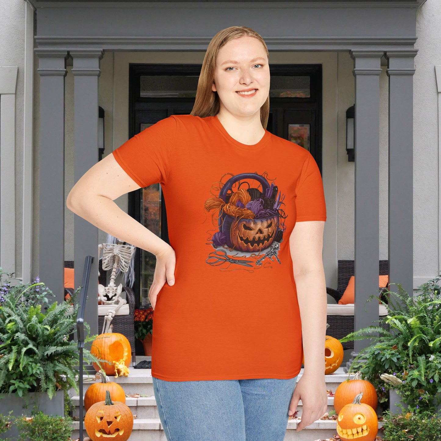 Spooky Pumpkin Yarn Basket Adult T-shirt