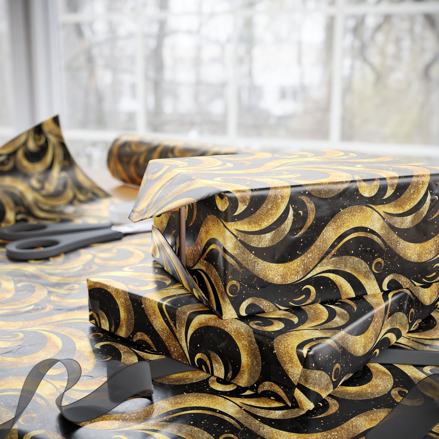 Black & Gold Luxe Swirl Wrapping Paper