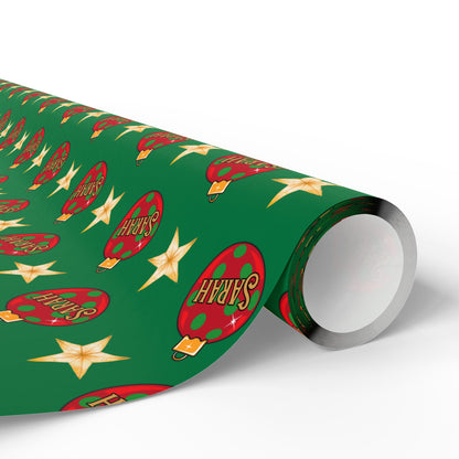 Red Ornament Gold Star Green Custom Wrapping Paper (Sarah)