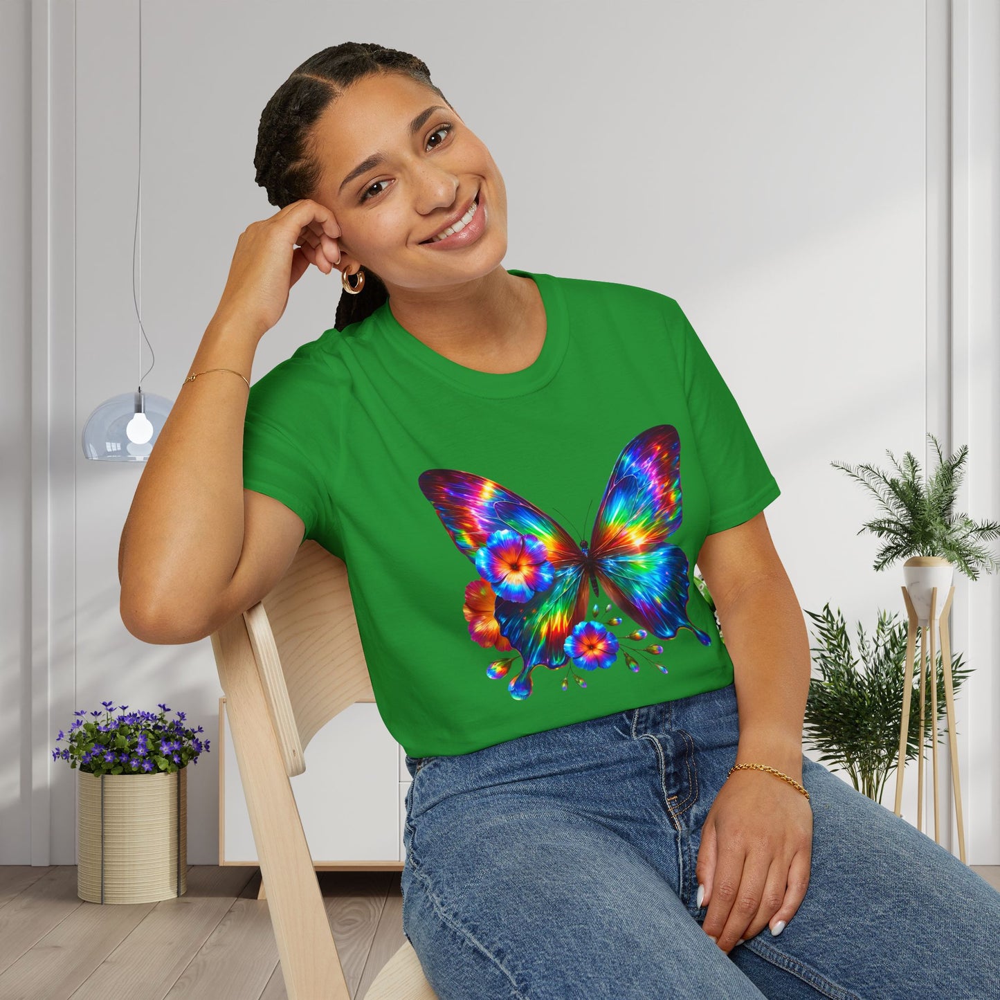 Colorful Butterfly & Flowers Adult T-shirt