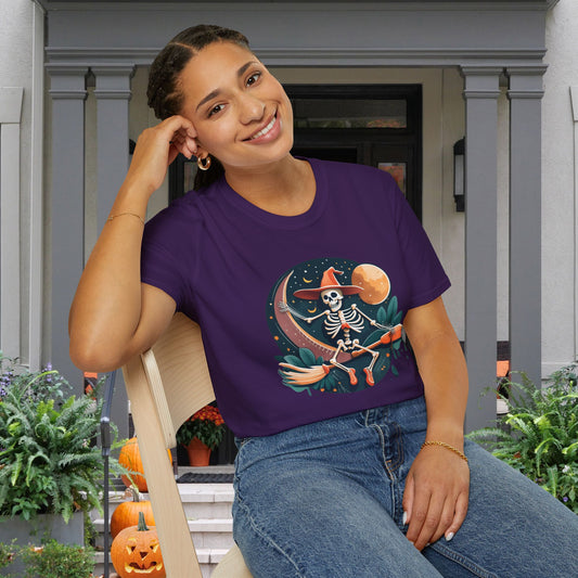 Skeleton Over Moon On Broomstick Adult T-shirt