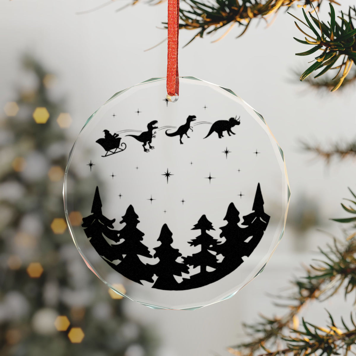 Santa Sleigh with Dinosaurs Silhouette Glass Ornament