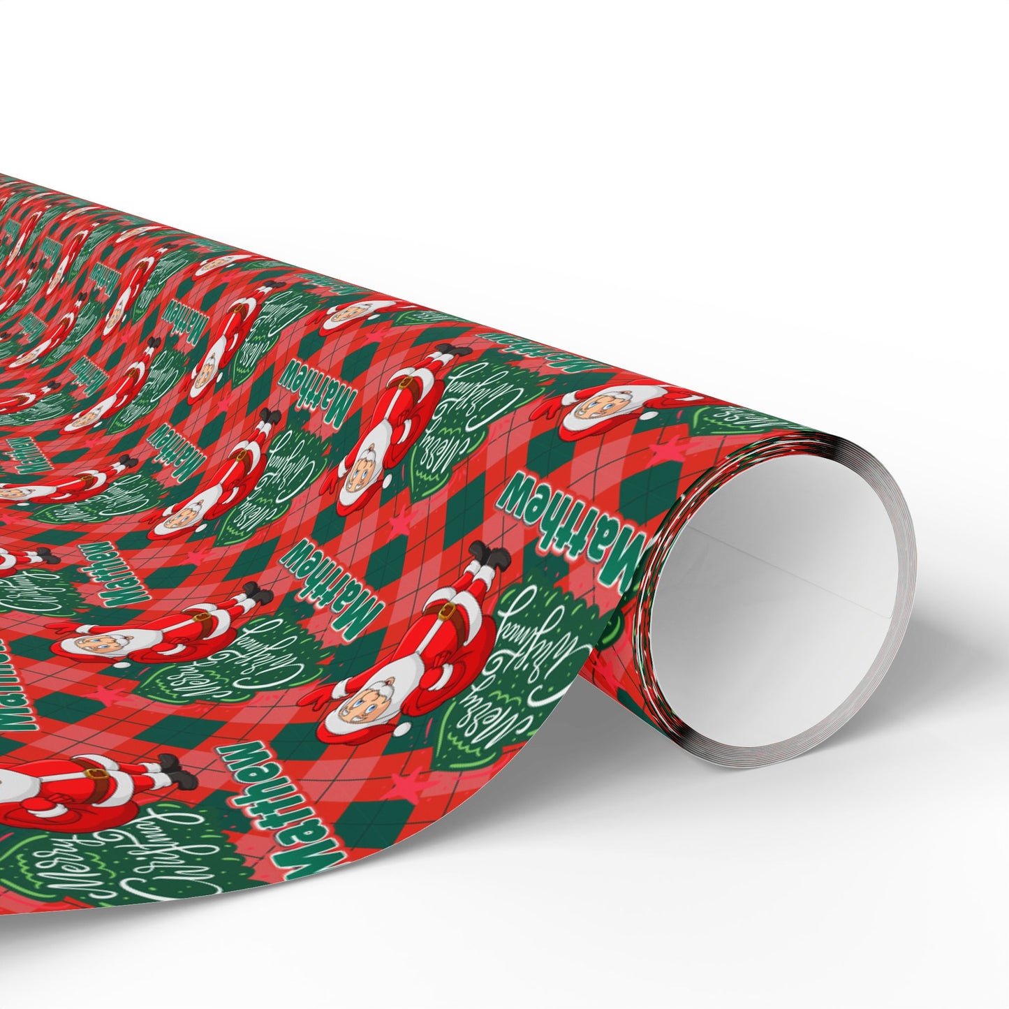 Red/Green Plaid Santa & Tree Custom Name Wrapping Paper (Matthew)