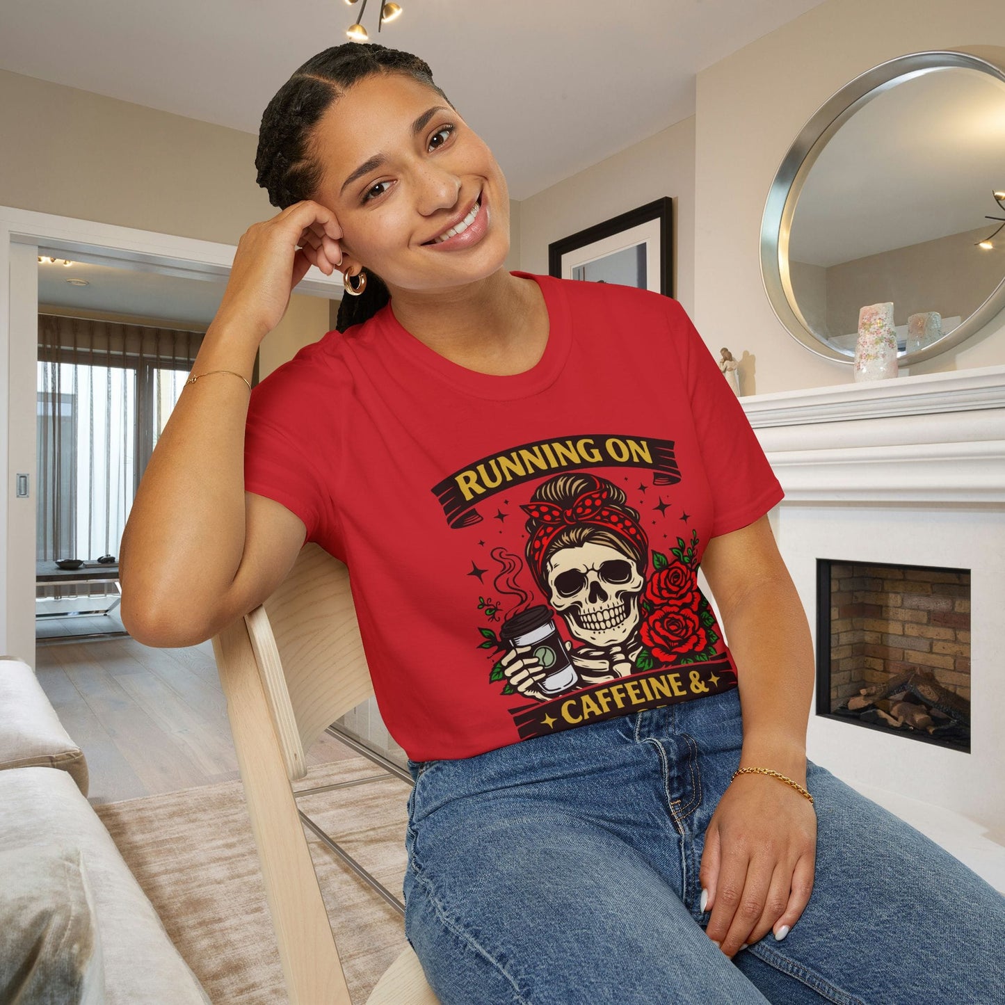 Running on Caffeine and Sarcasm (Roses) Adult T-shirt