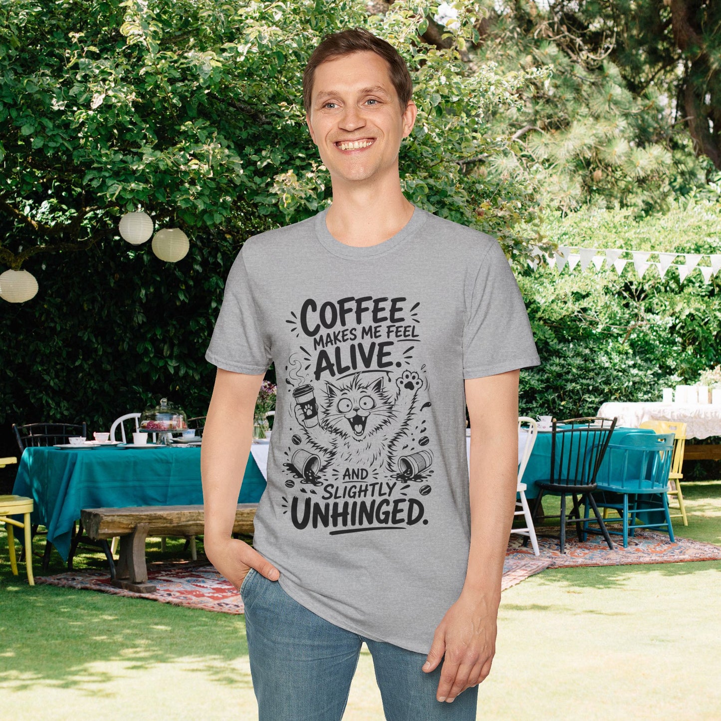 ""Coffee Makes Me Feel Alive and Slightly Unhinged (Cat) Adult T-shirt