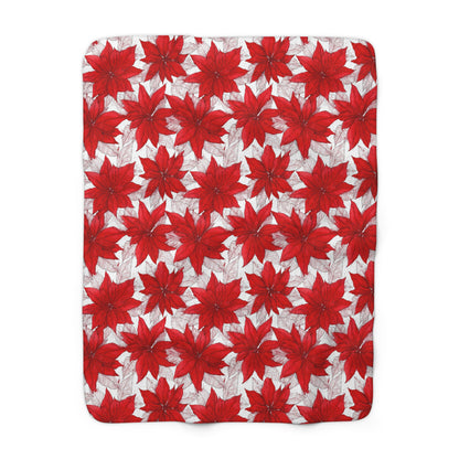 Crimson Poinsettia Sketch Sherpa Fleece Blanket