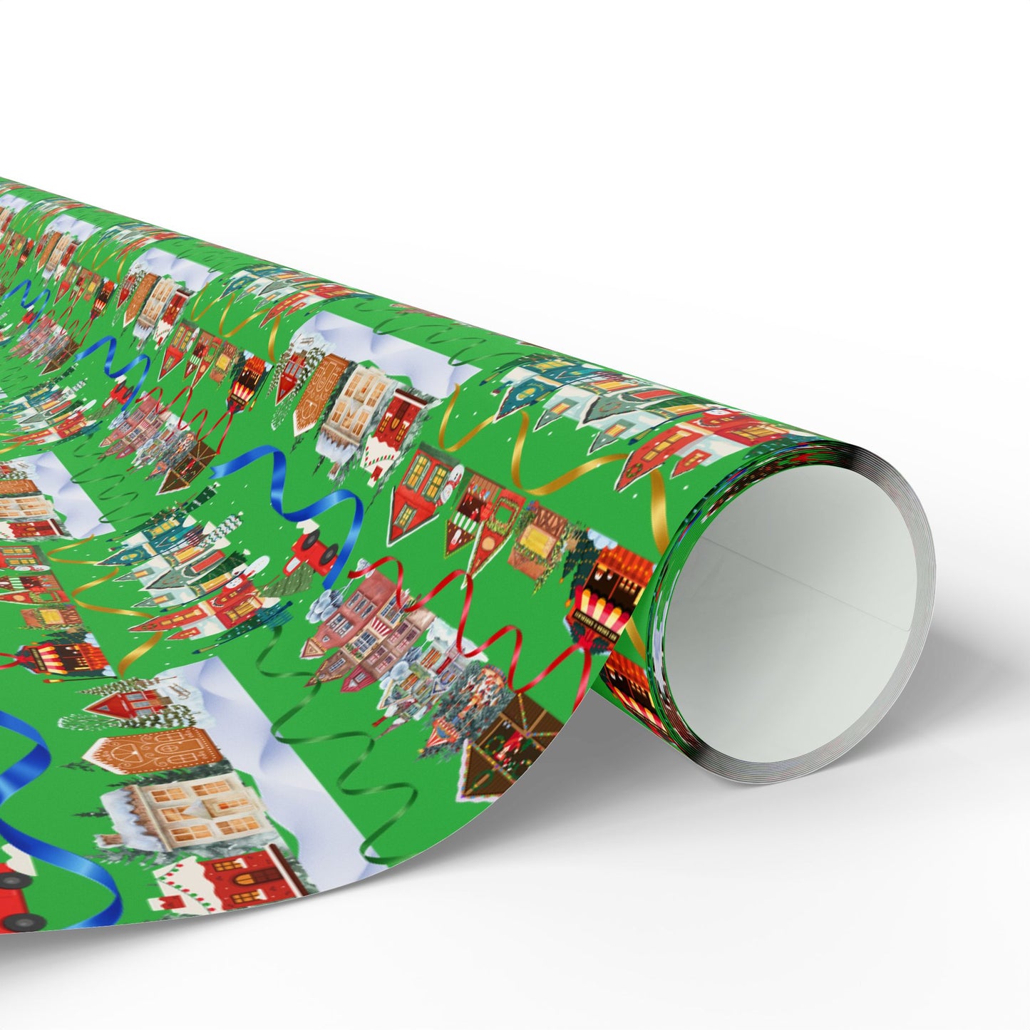 Colorful Christmas Village Green Wrapping Paper