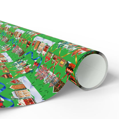 Colorful Christmas Village Green Wrapping Paper