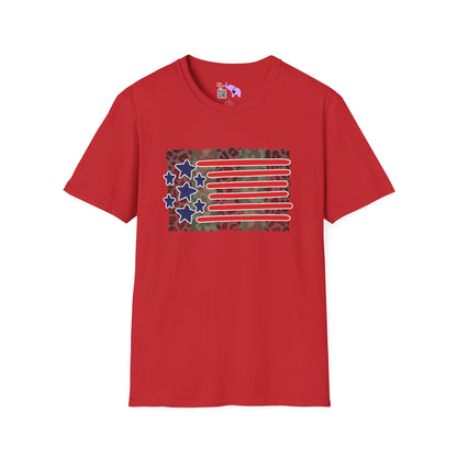 American Flag Over Camo Adult T-shirt