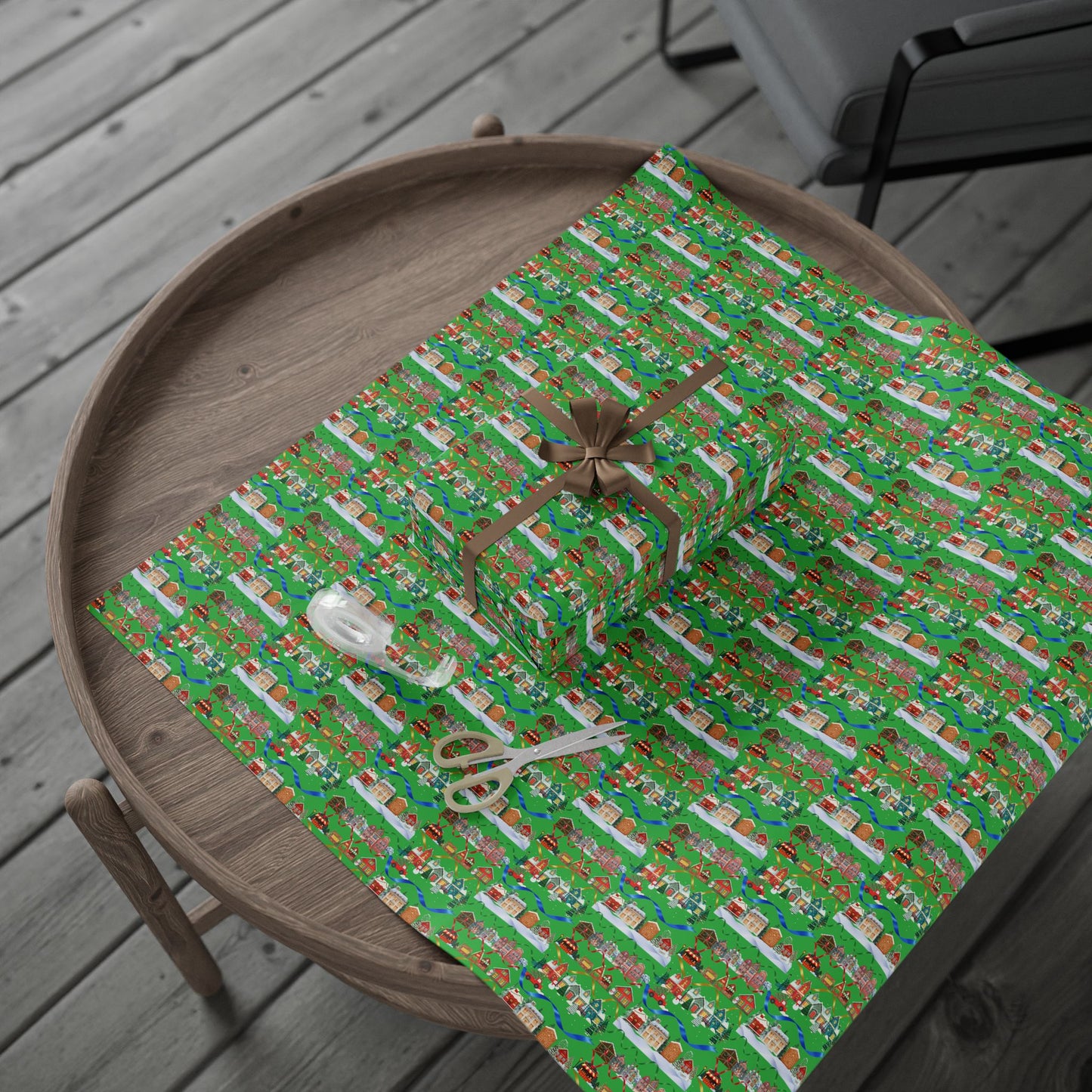 Colorful Christmas Village Green Wrapping Paper