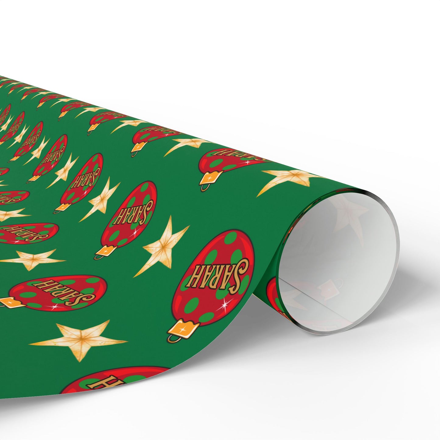 Red Ornament Gold Star Green Custom Wrapping Paper (Sarah)