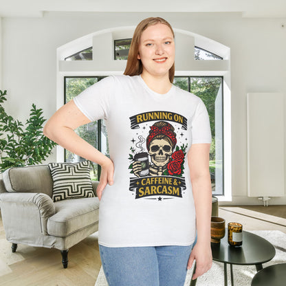 Running on Caffeine and Sarcasm (Roses) Adult T-shirt