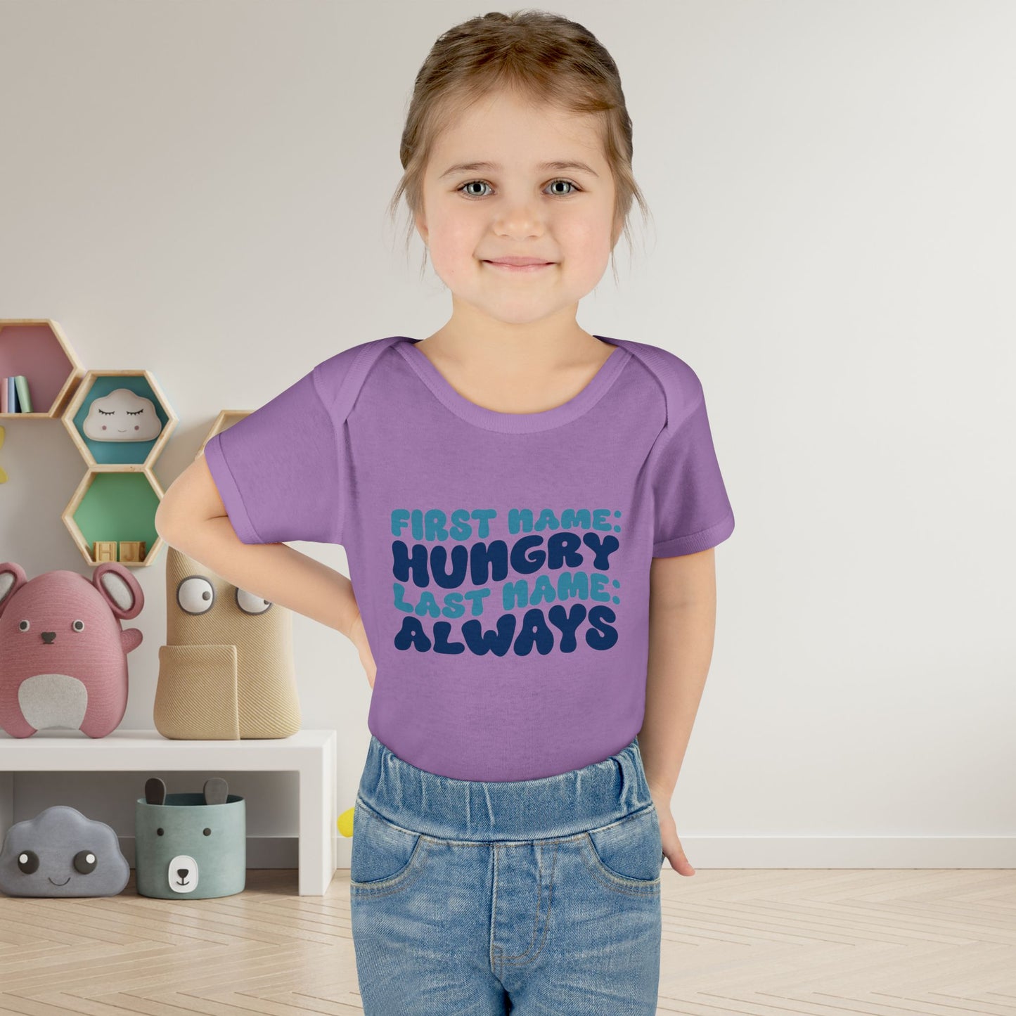 First Name: Hungry Last Name: Always Infant Baby Rib Bodysuit