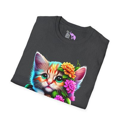 Cute Colorful Kitten in Flowers Adult T-shirt