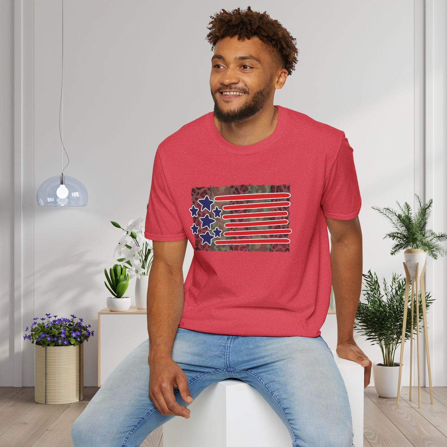 American Flag Over Camo Adult T-shirt