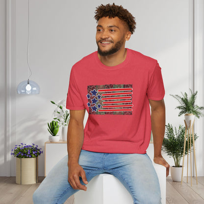American Flag Over Camo Adult T-shirt