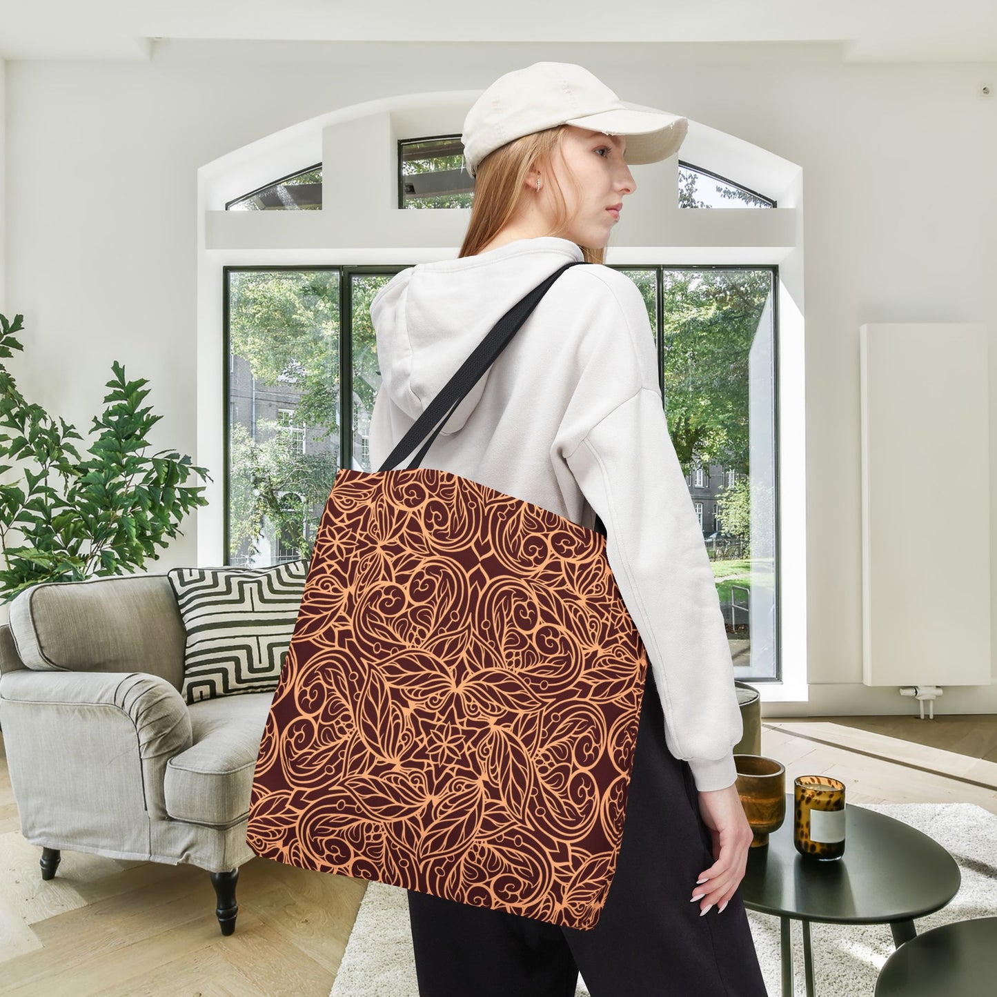 Golden Crimson Star Mandala Canvas Tote Bag