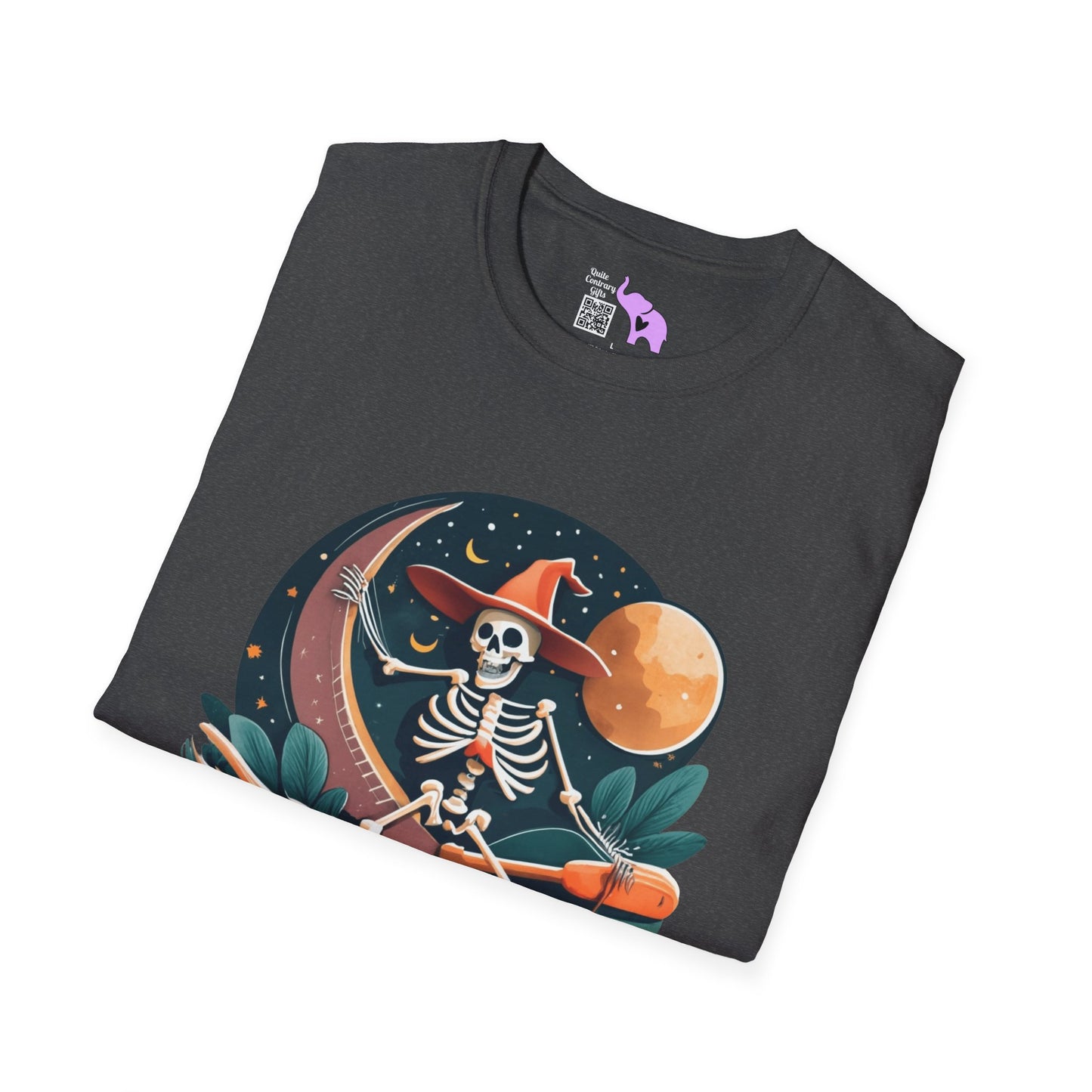 Skeleton Over Moon On Broomstick Adult T-shirt