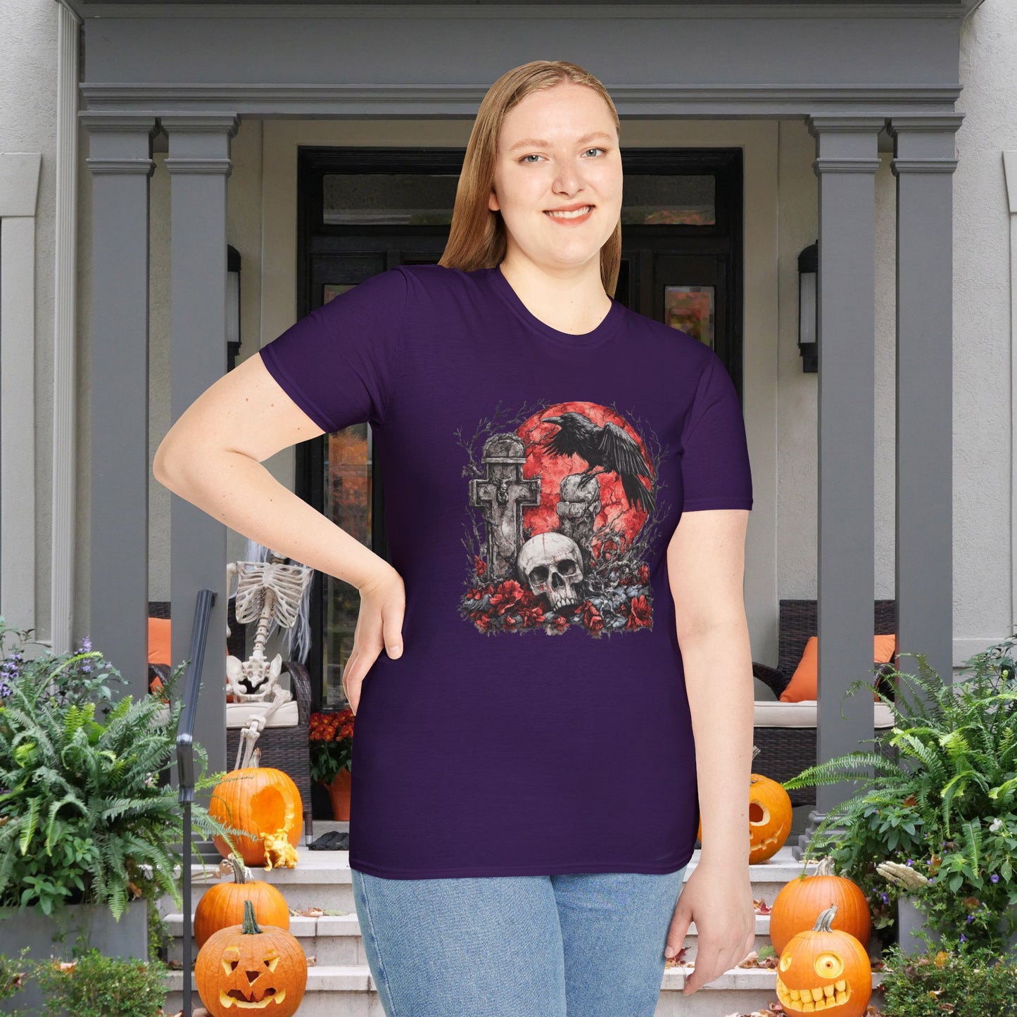 Halloween Graveyard w/Skull Adult T-shirt