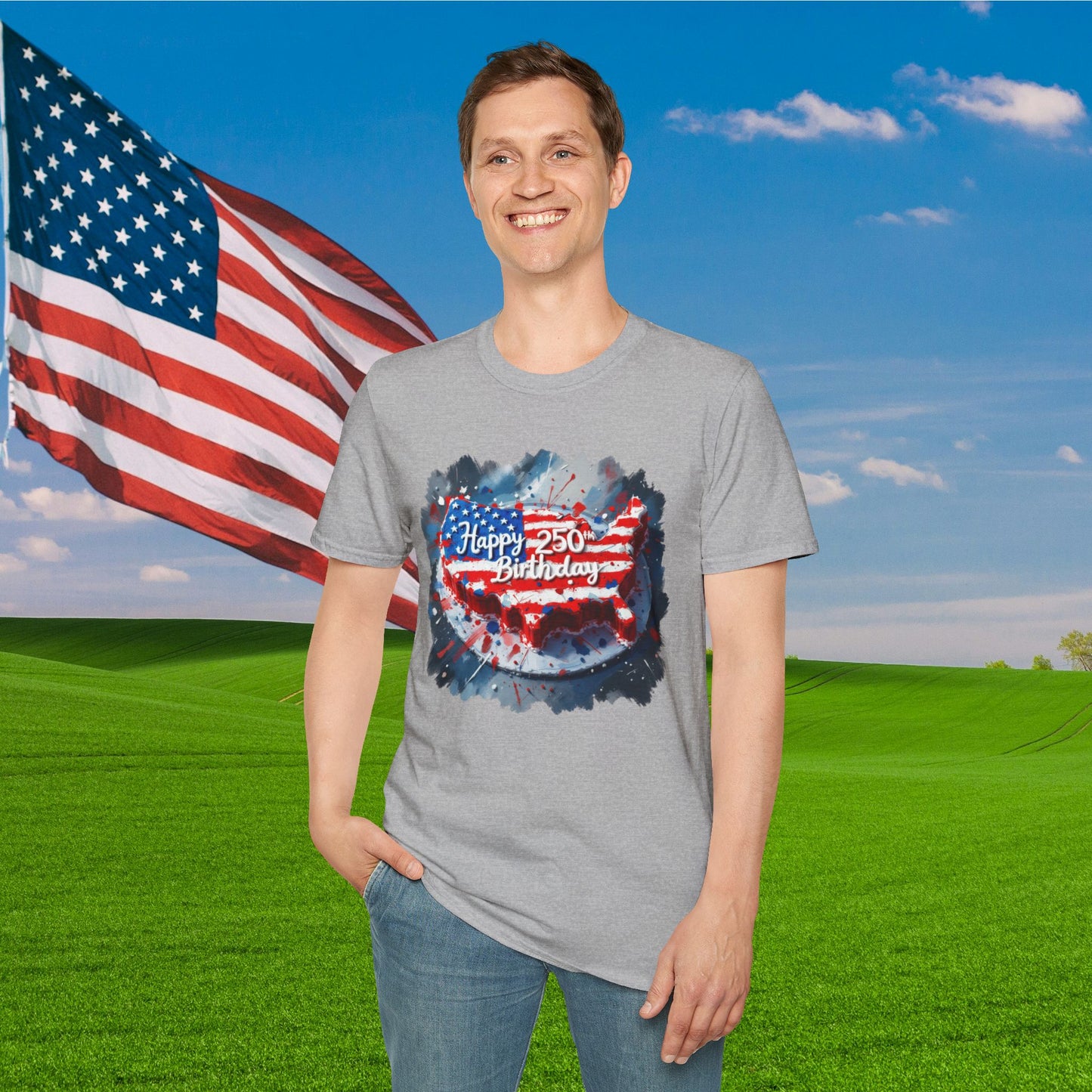 America-Shaped Happy 250th Birthday Cake Adult T-shirt