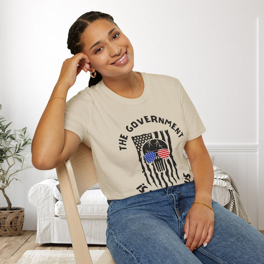 The Government is Lying To Us Skull w/Glasses Over Flag Adult T-shirt