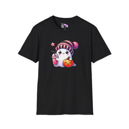 Cute Ghost w/Pumpkin and Pink Drink Adult T-shirt