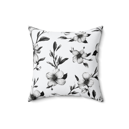 Black & White Five Petal Floral Throw Pillow